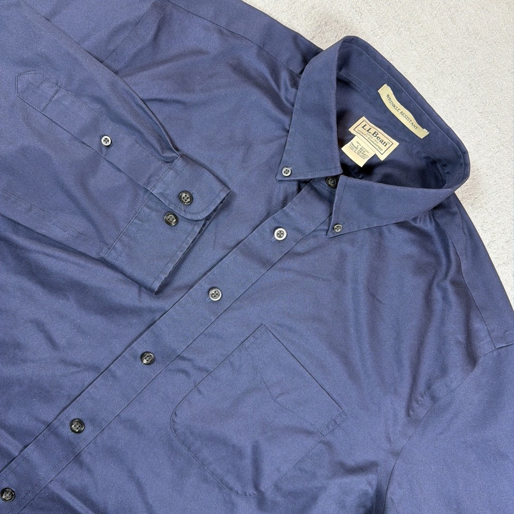 LL Bean Mens Large Wrinkle Resistant Cotton Shirt Navy Button Down
